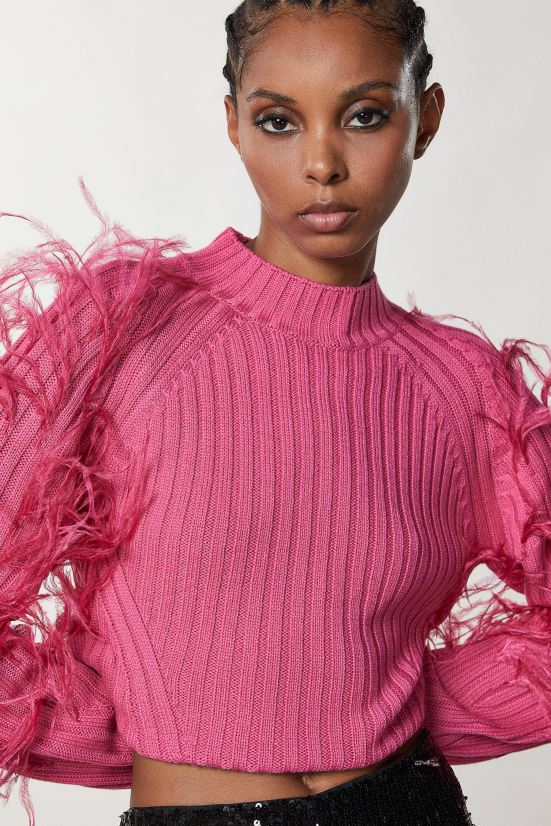 vestir mx Patrizia Pepe mujer suéter de canalé con plumas fuxia dinámica 66024R645