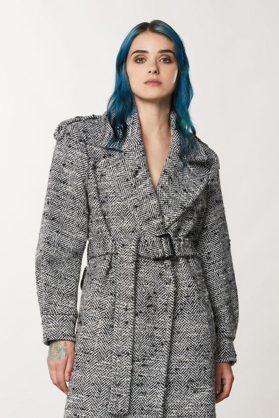 vestir mx Patrizia Pepe mujer abrigo largo de tela granito blanco y negro 66024R648