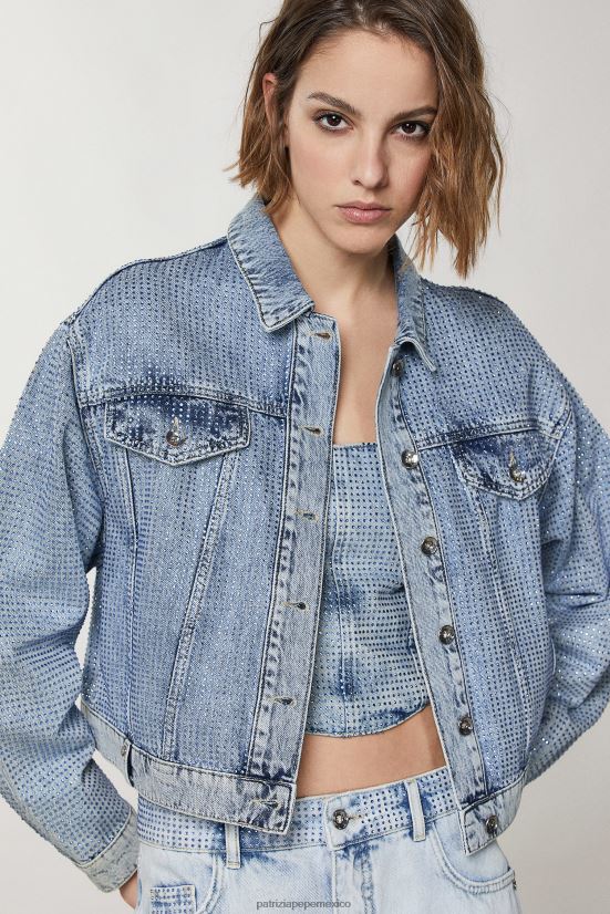 vestir mx Patrizia Pepe mujer Chaqueta de mezclilla joya de piedra clara 66024R387