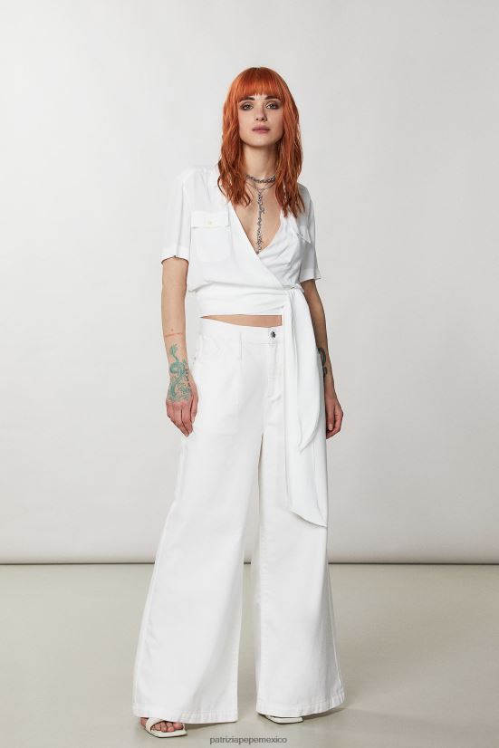 vestir mx Patrizia Pepe mujer camisa de manga corta con nudo en la cintura blanco 66024R370