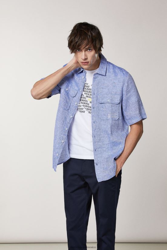 vestir mx Patrizia Pepe hombres camisa de lino de manga corta fuego azul 66024R1026