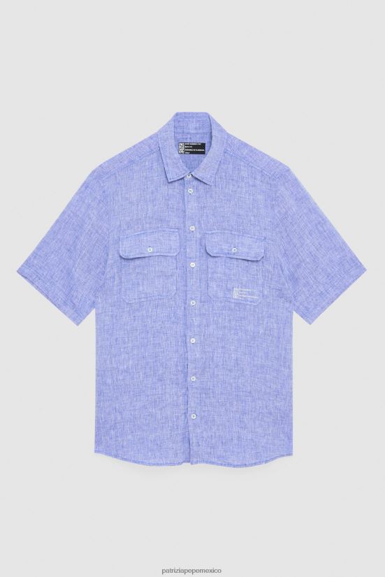 vestir mx Patrizia Pepe hombres camisa de lino de manga corta fuego azul 66024R1026