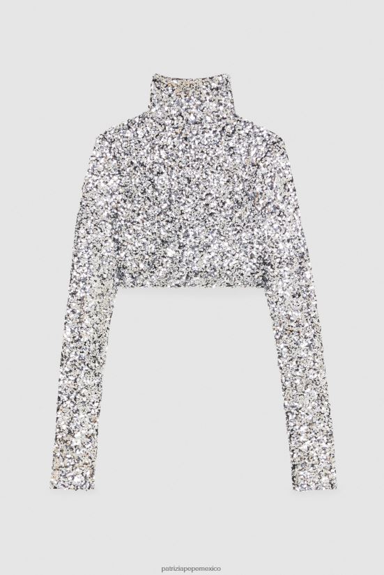 vestir mx Patrizia Pepe mujer camiseta corta con lentejuelas lentejuelas plateadas 66024R167