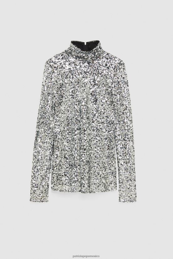 vestir mx Patrizia Pepe mujer camiseta de cuello alto con lentejuelas lentejuelas plateadas 66024R153