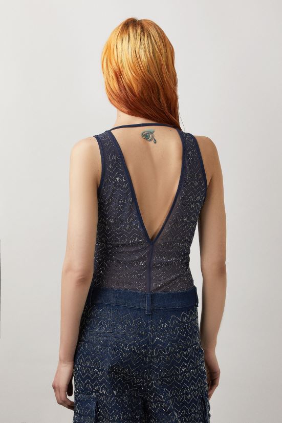 vestir mx Patrizia Pepe mujer top de tul con cuello en V y strass monograma azul y strass 66024R388