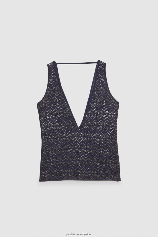 vestir mx Patrizia Pepe mujer top de tul con cuello en V y strass monograma azul y strass 66024R388