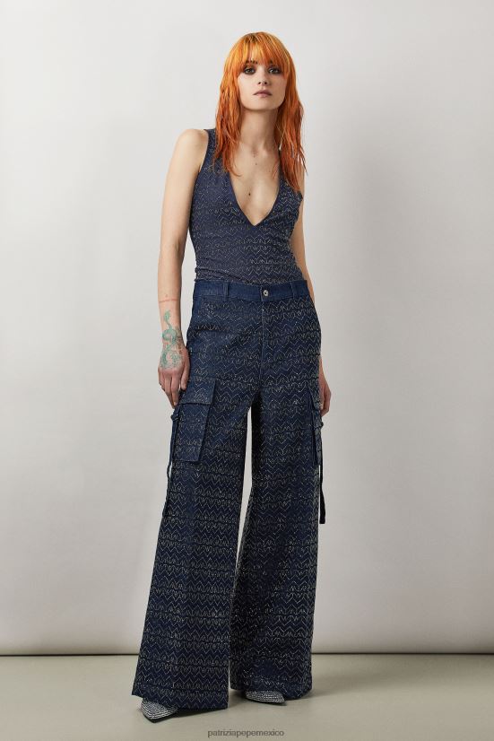 vestir mx Patrizia Pepe mujer top de tul con cuello en V y strass monograma azul y strass 66024R388