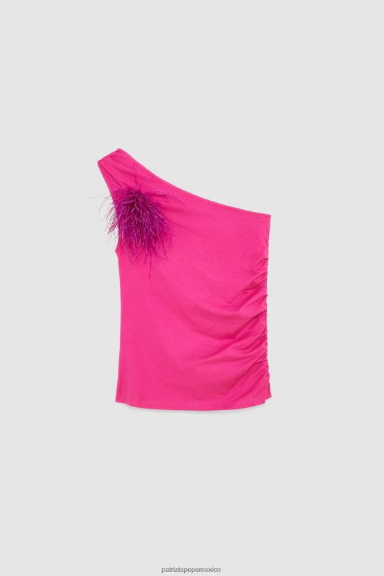 vestir mx Patrizia Pepe mujer top de un solo hombro con detalle de plumas ceremonia fucsia 66024R307