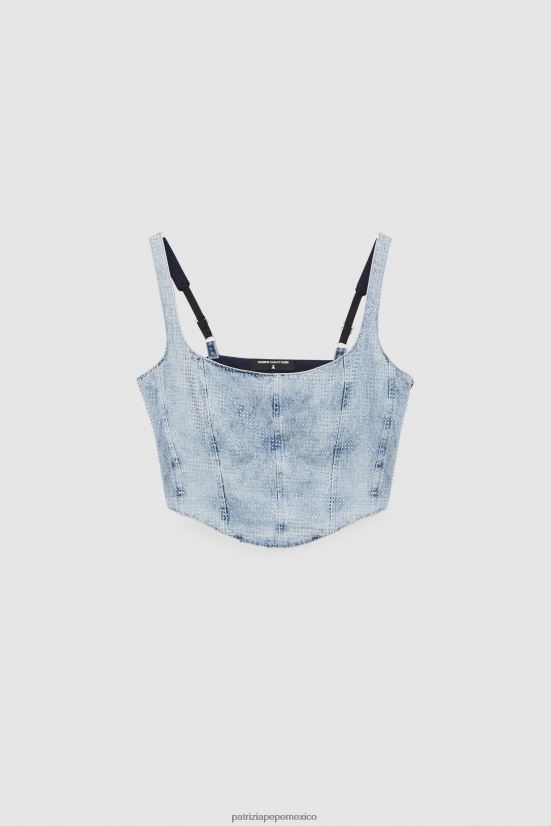 vestir mx Patrizia Pepe mujer top tipo corsé de mezclilla con detalles de strass joya de piedra clara 66024R336