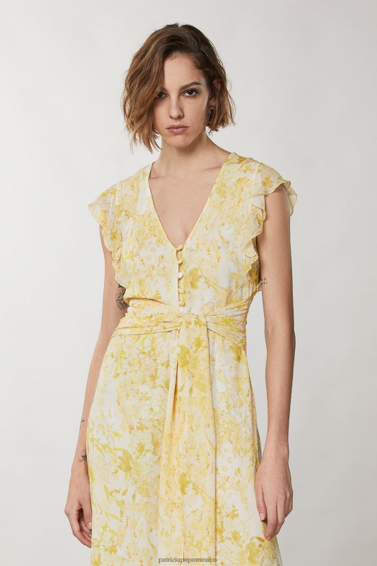 vestir mx Patrizia Pepe mujer vestido largo con cintura ceñida flor amarilla 66024R299