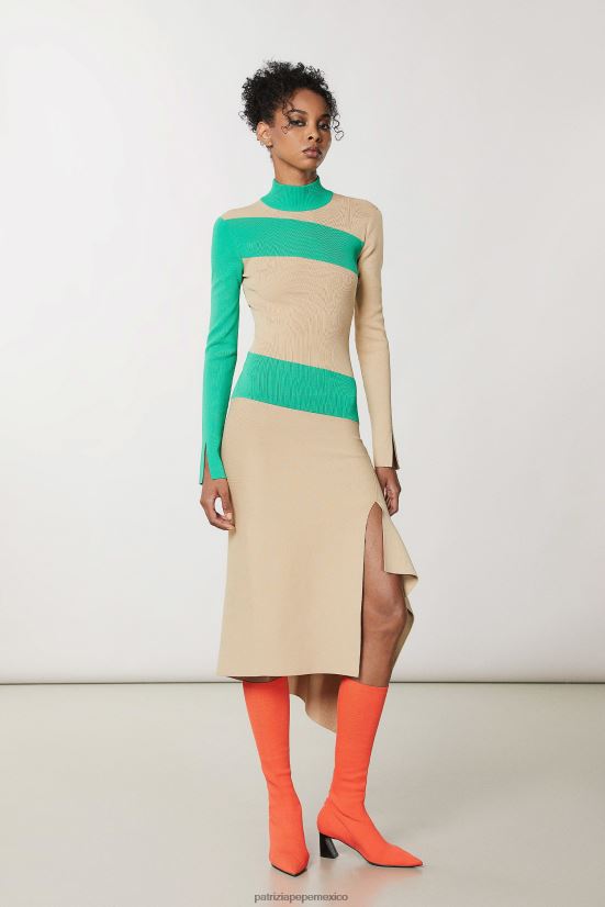 vestir mx Patrizia Pepe mujer vestido asimétrico de dos tonos artesanía beige y verde 66024R631