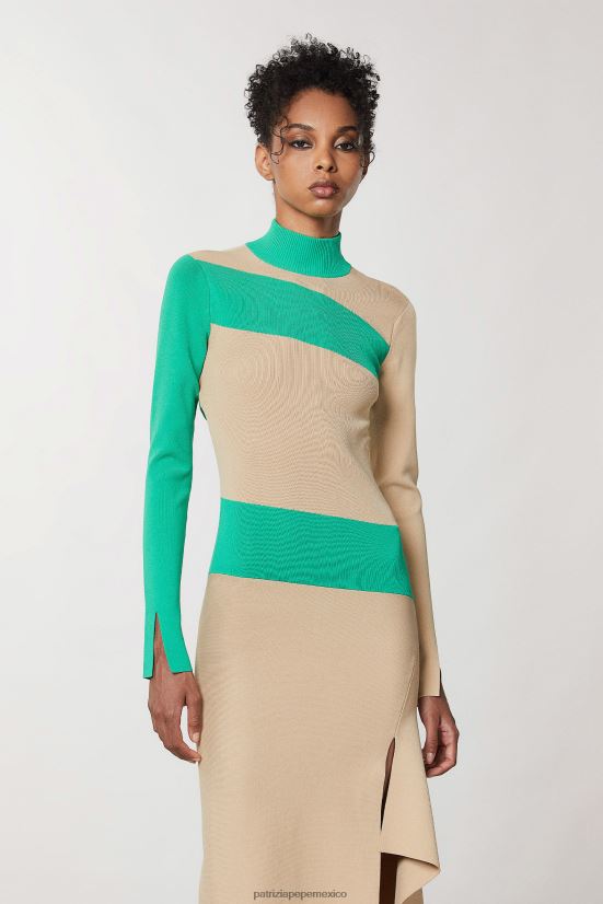 vestir mx Patrizia Pepe mujer vestido asimétrico de dos tonos artesanía beige y verde 66024R631