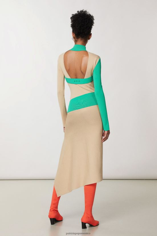 vestir mx Patrizia Pepe mujer vestido asimétrico de dos tonos artesanía beige y verde 66024R631