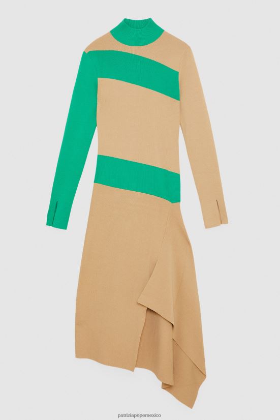 vestir mx Patrizia Pepe mujer vestido asimétrico de dos tonos artesanía beige y verde 66024R631