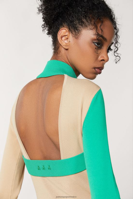 vestir mx Patrizia Pepe mujer vestido asimétrico de dos tonos artesanía beige y verde 66024R631