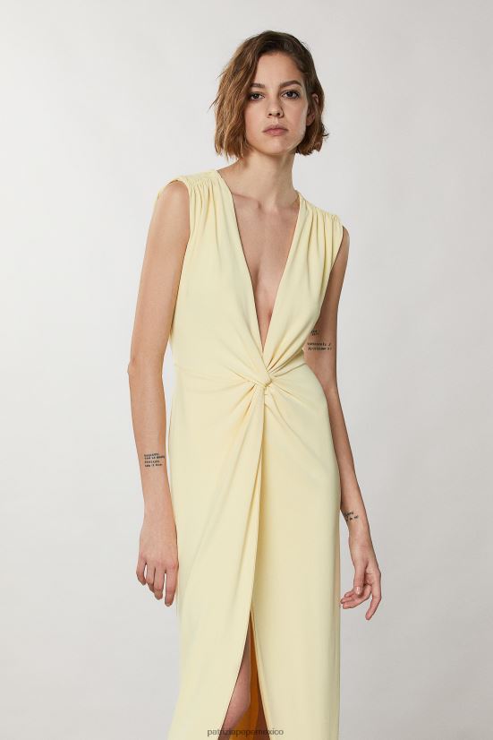 vestir mx Patrizia Pepe mujer vestido con cuello en V y detalle de nudo claridad amarilla 66024R296